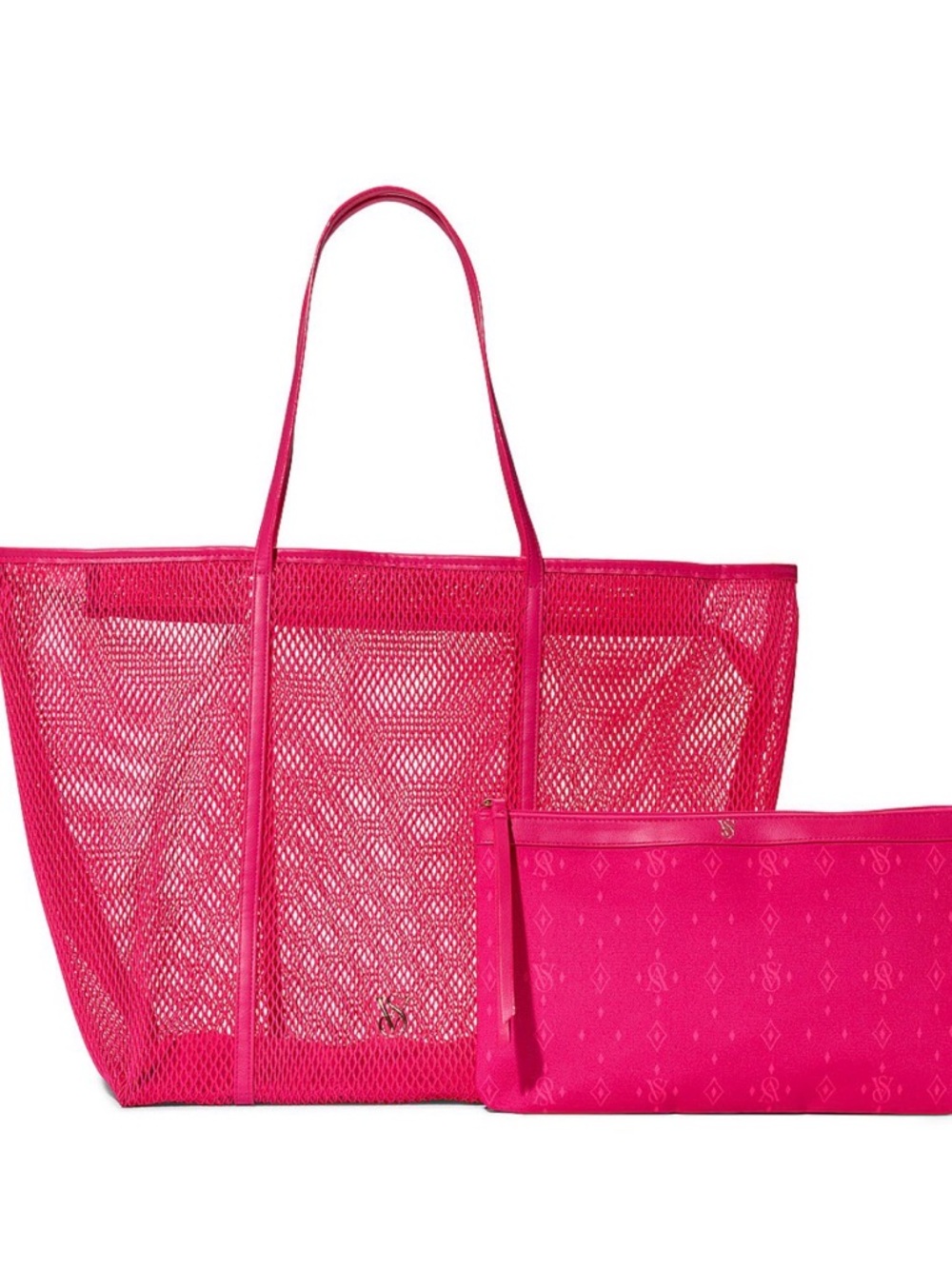 Victoria's Secret Hot Pink Mesh Tote with Matching Zip Pouch